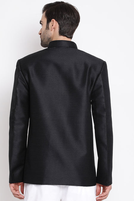 VASTRAMAY Black Silk Blend Solid Baap Beta Jodhpuri Set